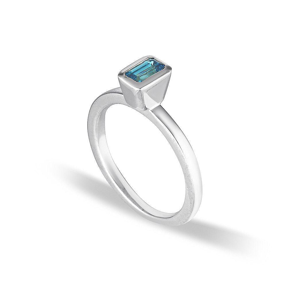 Small Rectangle Riding Ring Celebration Stacker Ring - Small Emerald Cut Rectangle - Blue Zircon ...