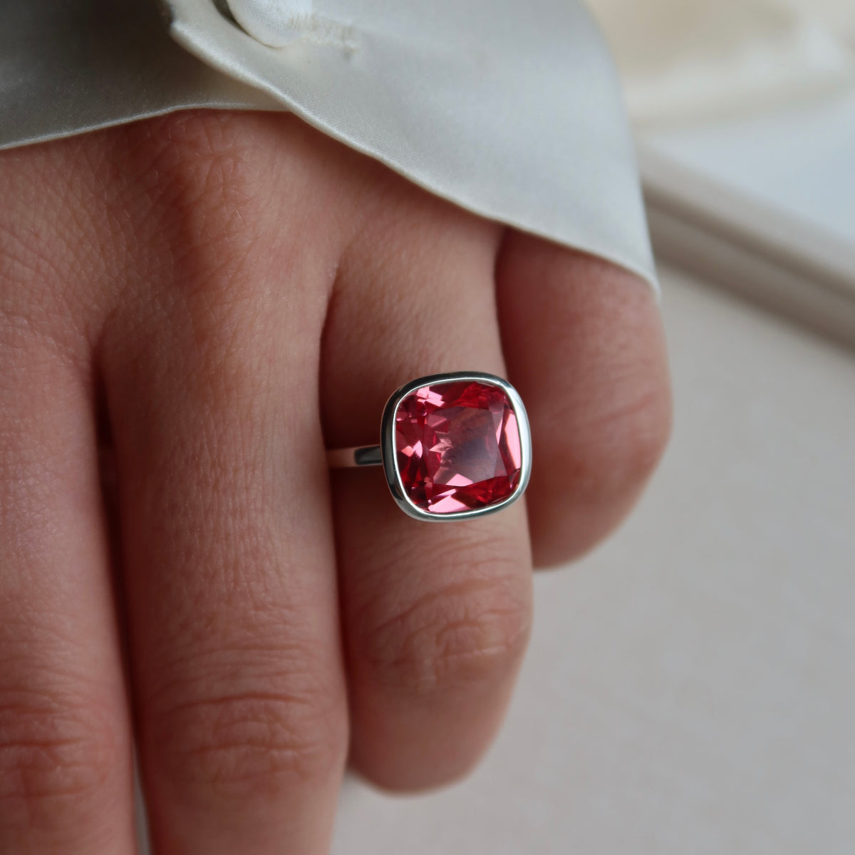 Cushion Cut Stacker Ring - Lab Pink Sapphire | One of One