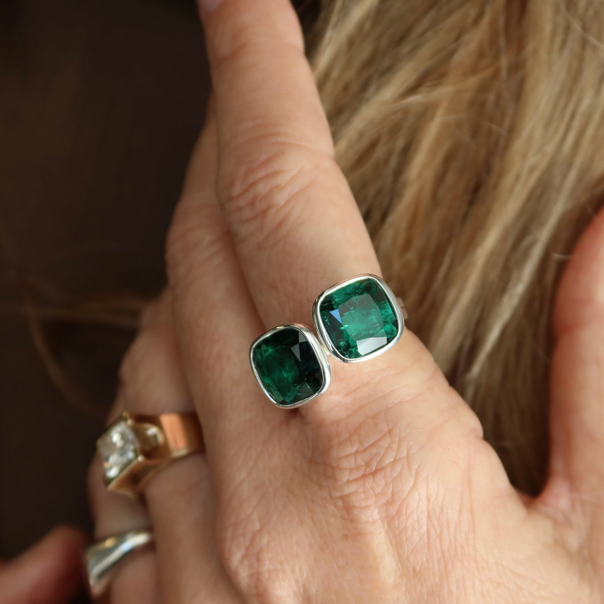 Cushion Cut Stacker Ring - Sterling Silver | Emerald