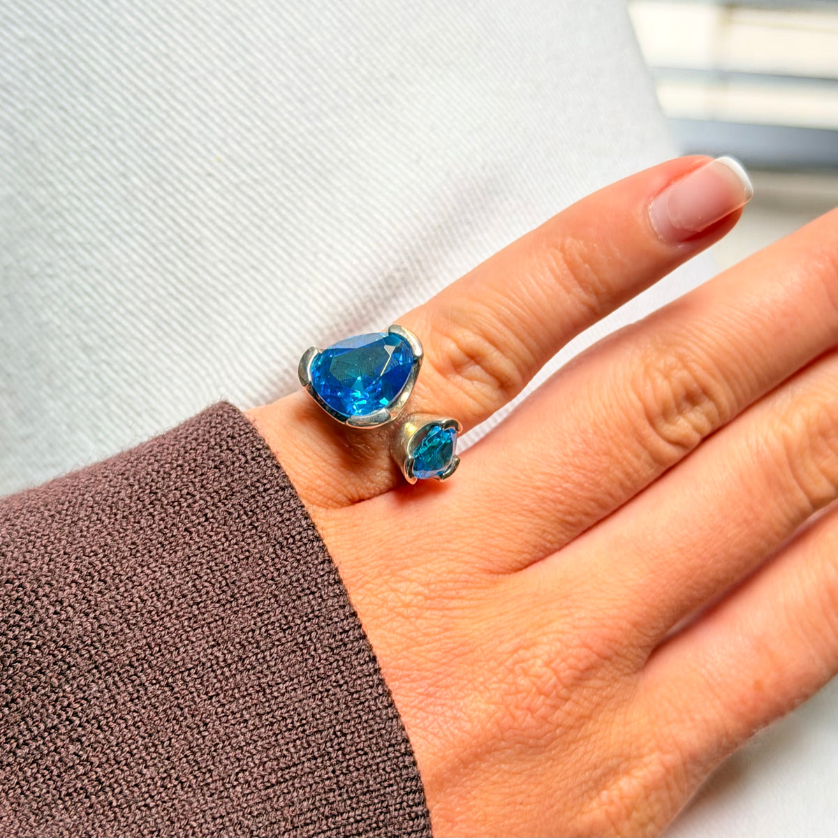 Double Duet Ring - Sterling Silver - Blue Zircon