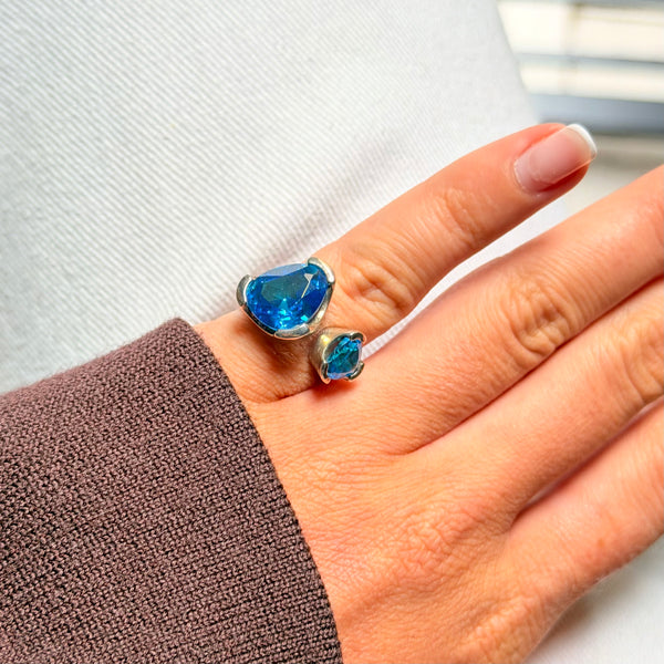 Double Duet Ring - Sterling Silver - Blue Zircon