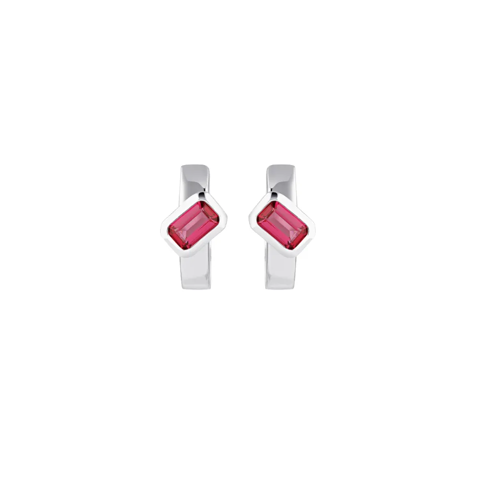 Emerald Cut Huggies Earrings | Burgundy Rhodolite