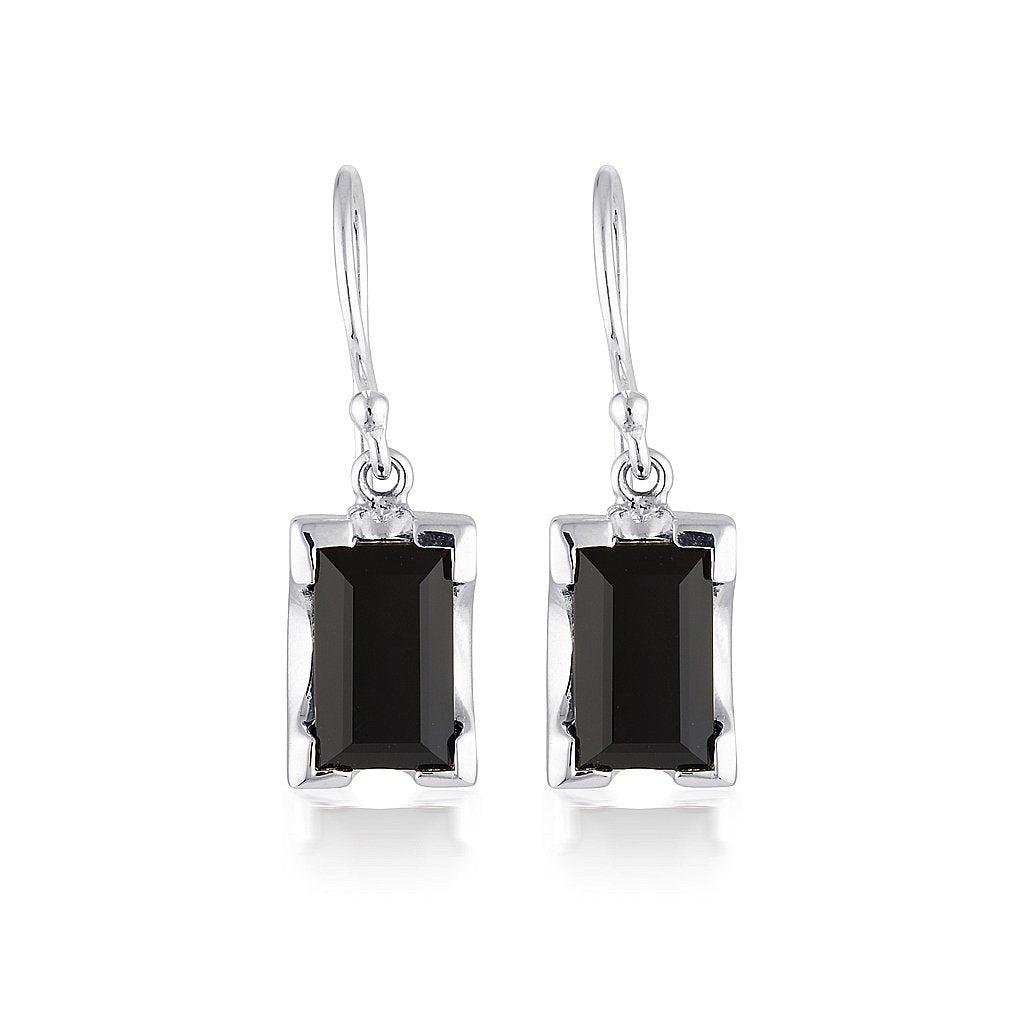 Emerald Cut Rectangle Swing Earrings - Black Agate - Sterling Silver