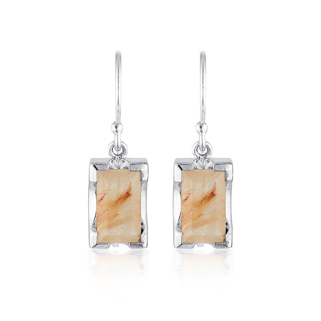 Emerald Cut Rectangle Swing Earrings - Rutilated Quartz - Sterling Silver
