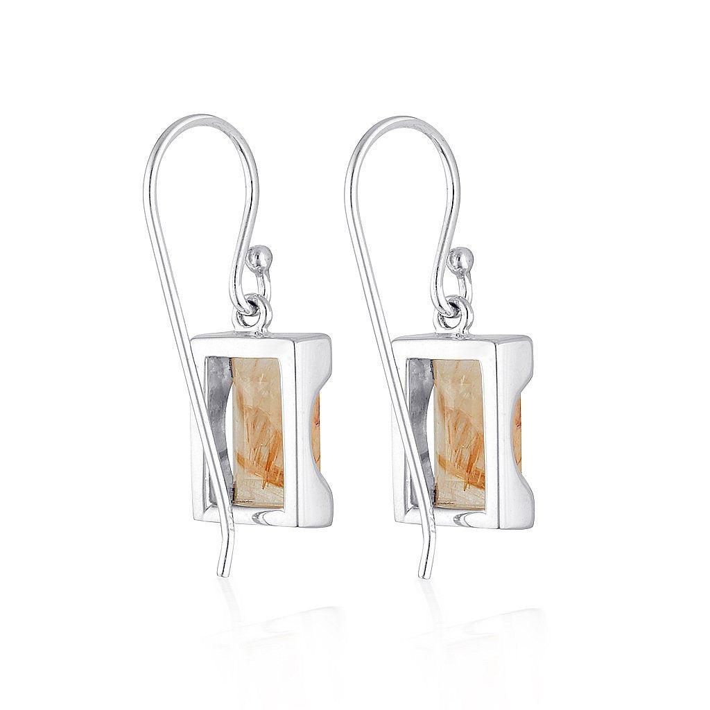 Emerald Cut Rectangle Swing Earrings - Rutilated Quartz - Sterling Silver