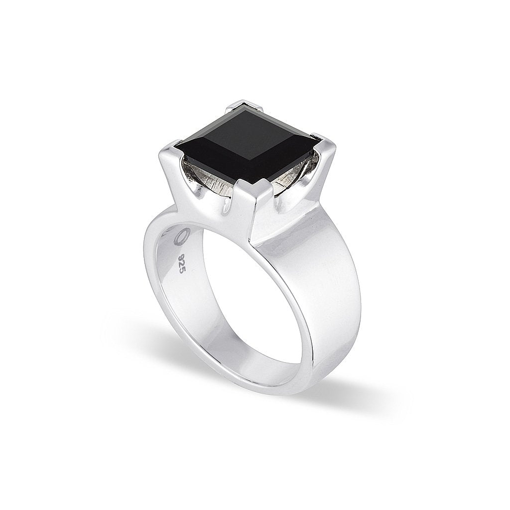 Emerald Cut Square Gemstone Ring - Black Agate - Sterling Silver