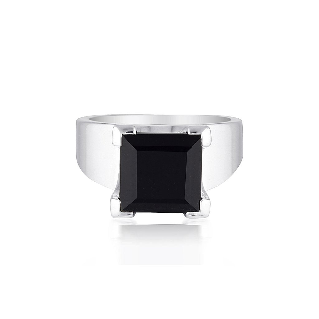 Emerald Cut Square Gemstone Ring - Black Agate - Sterling Silver