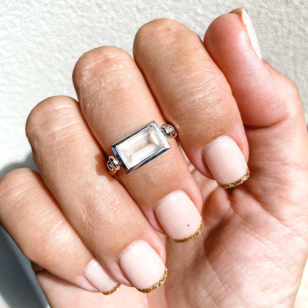 Emerald Cut Swivel Ring - Rose Quartz