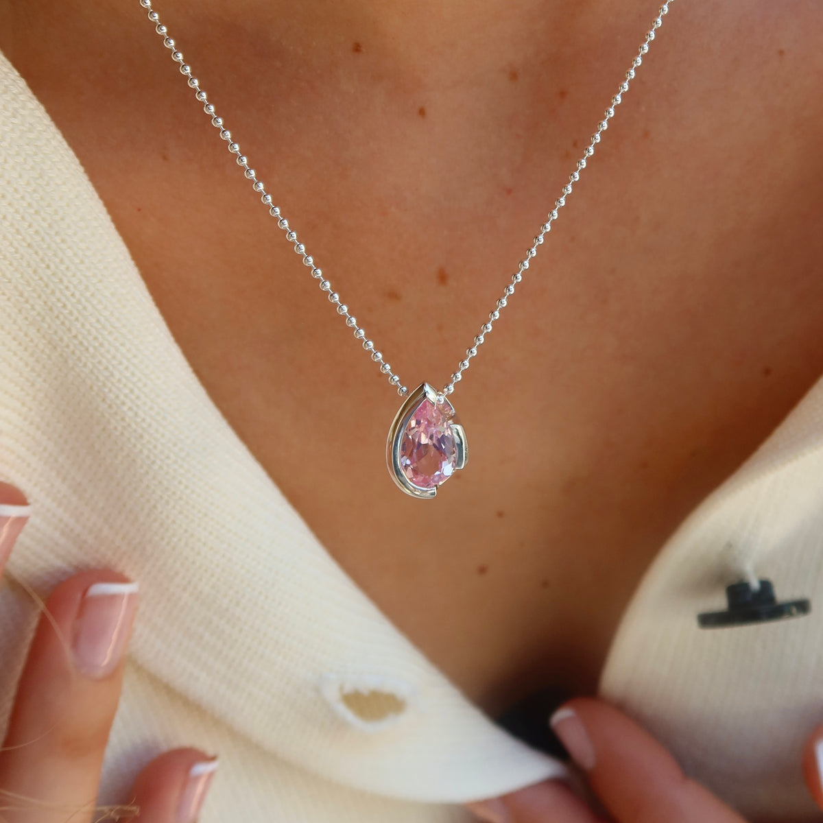 FLOAT™️ - Pear Cut Pendant - Sterling Silver & Rosie Corundum