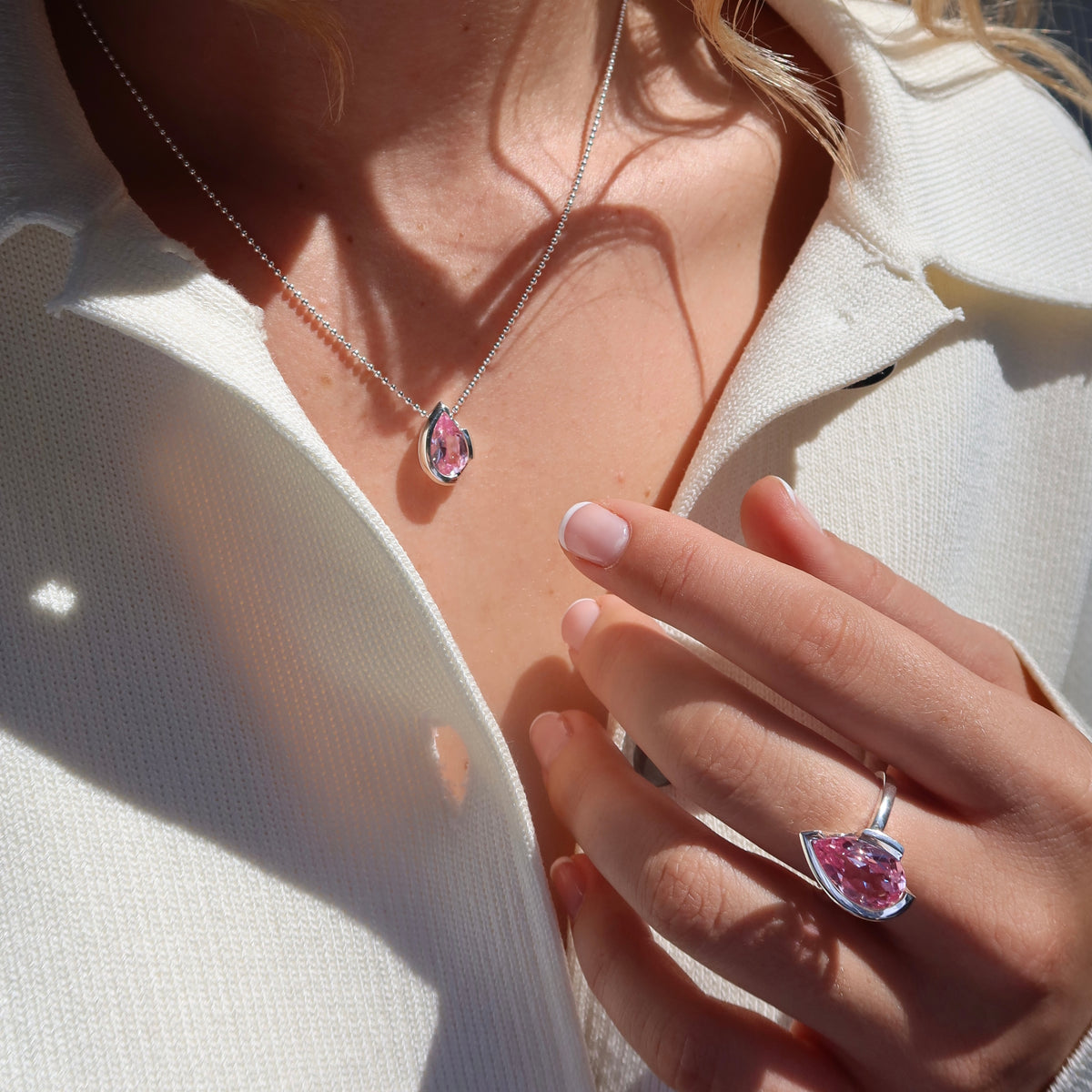 FLOAT™️ - Pear Cut Pendant - Sterling Silver & Rosie Corundum