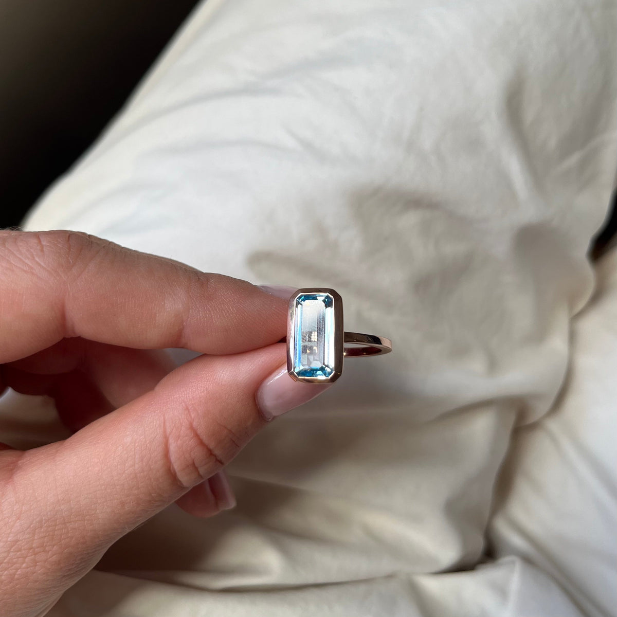 Large Emerald Sky Blue Topaz Celebration Stacker Ring | Size O