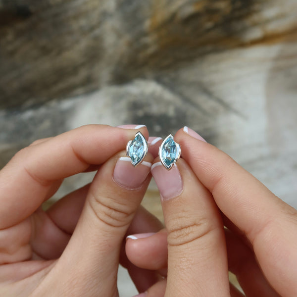 ONE-OFF | FLOAT™️ - Marquise Cut Stud Earrings - Sterling Silver & London Blue Quartz