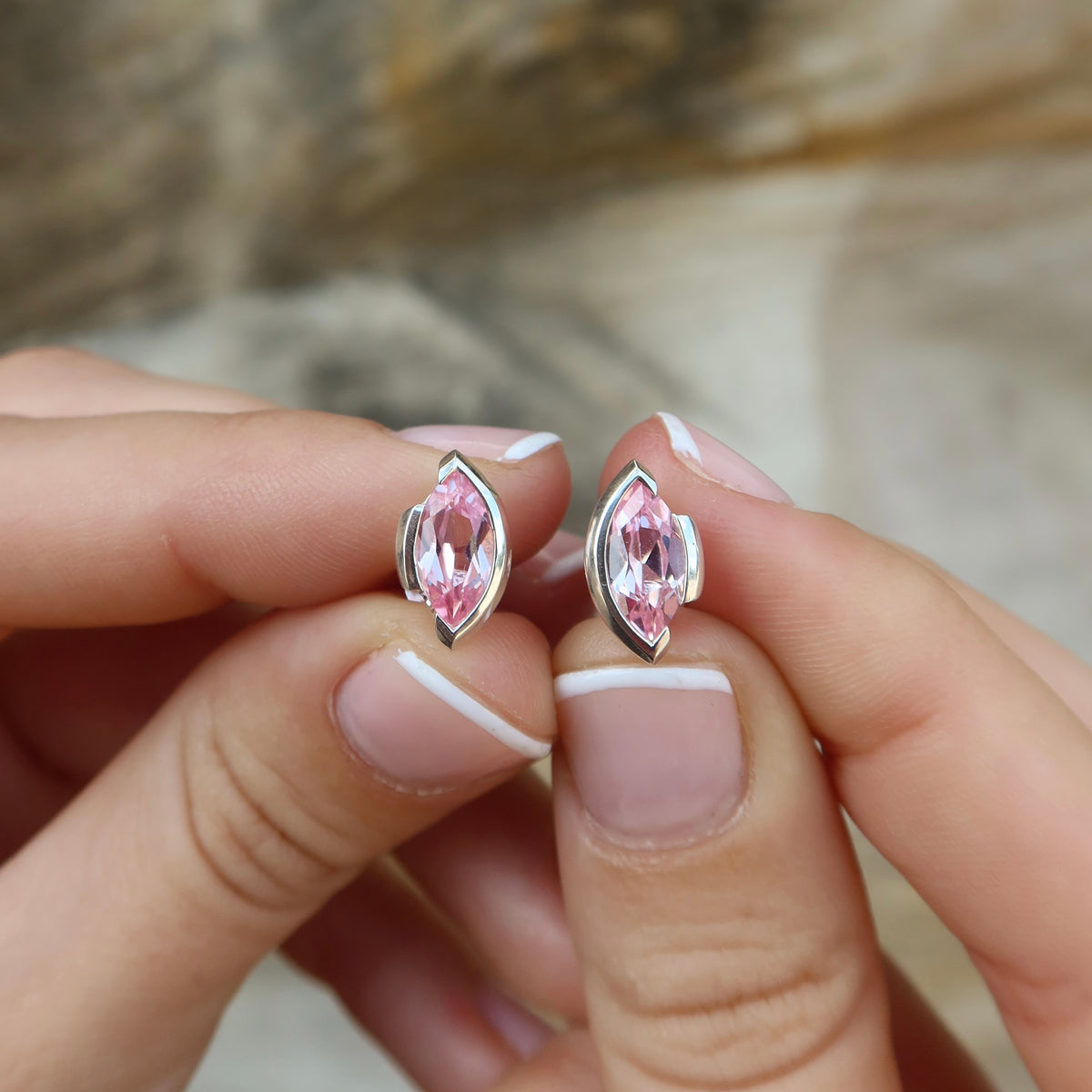 ONE-OFF | FLOAT™️ - Marquise Cut Stud Earrings - Sterling Silver & Rosie Corundum