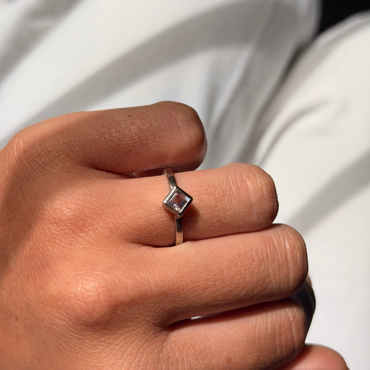 ONE-OFF | Thin-band Square Ring Full Bezel - Size O - Blush Quartz