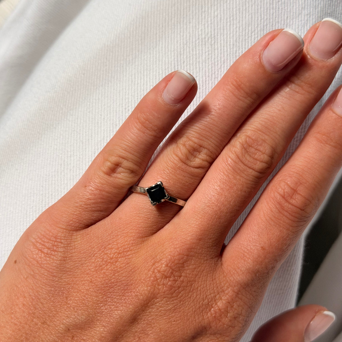 ONE-OFF | Thin-band Square Ring - Size O - Black Agate