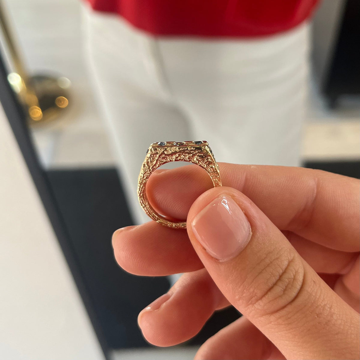 ONE-OFF | Yellow Gold Parti Sapphire Diamond Sandcast Gen U Ring - size M