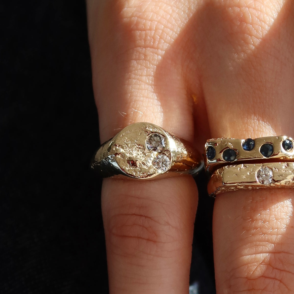 ONE-OFF | Yellow Gold Sandcast Diamond Signet Ring - Size I