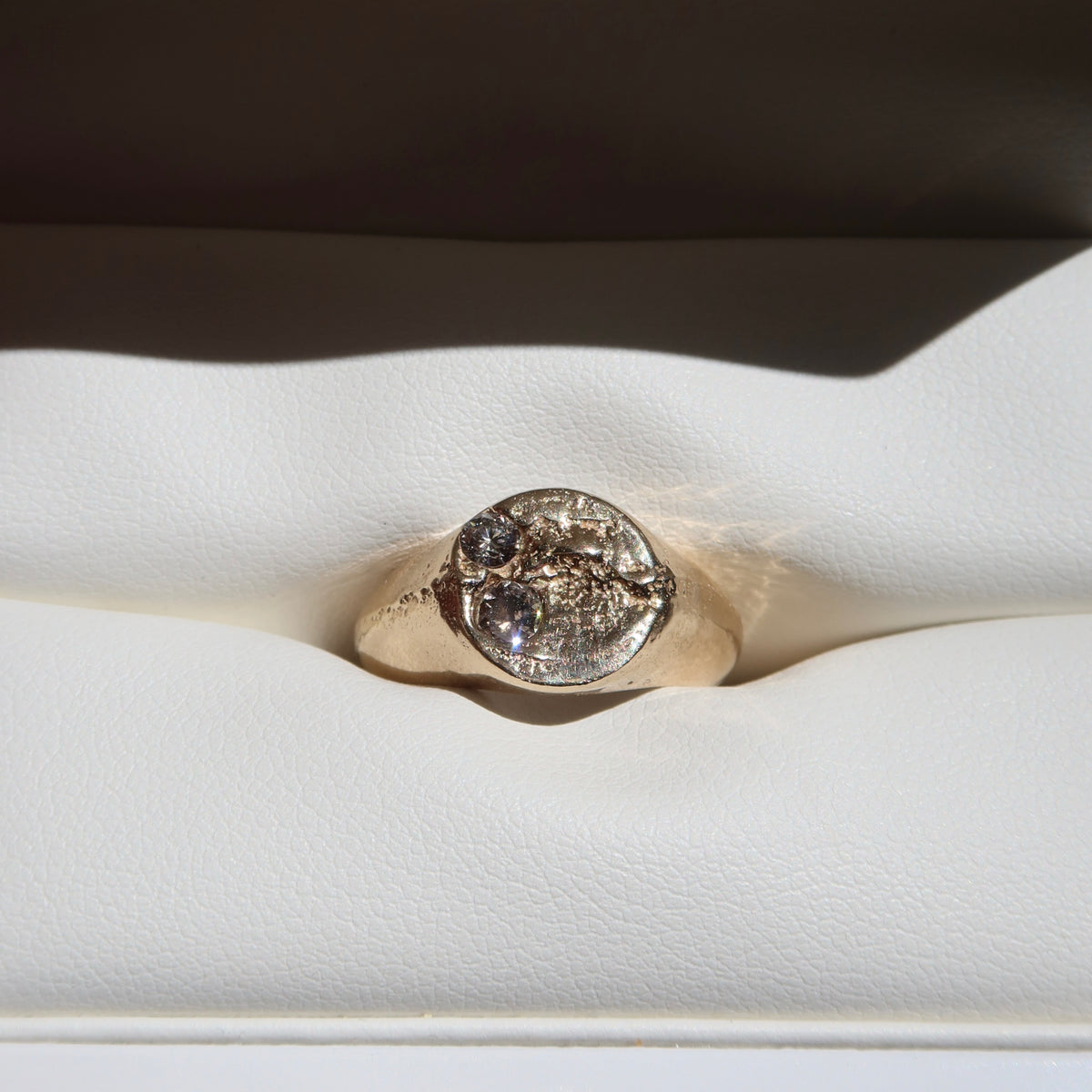 ONE-OFF | Yellow Gold Sandcast Diamond Signet Ring - Size I