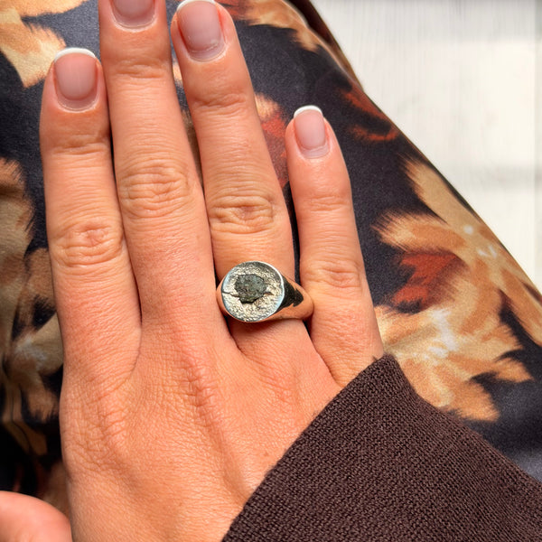 ONE-OFF | Sandcast Signet Ring Featuring Raw Emerald - Size L