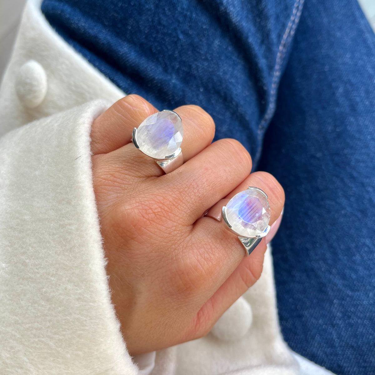 Original Tri-Cut Gemstone Ring - Sterling Silver / Limited Edition Rainbow Moonstone