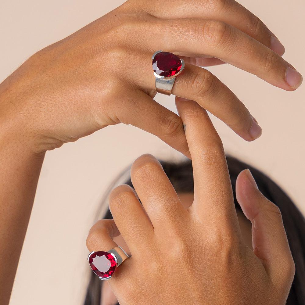 Original Tri-Cut Gemstone Ring Sterling Silver Ruby Red