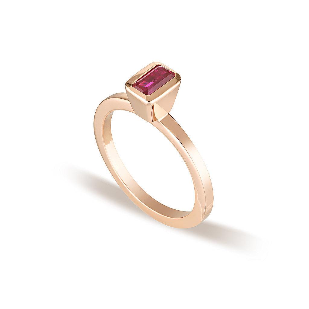 Rose Gold Celebration Stacker Ring - Small Emerald Cut Rectangle - Red Corundum