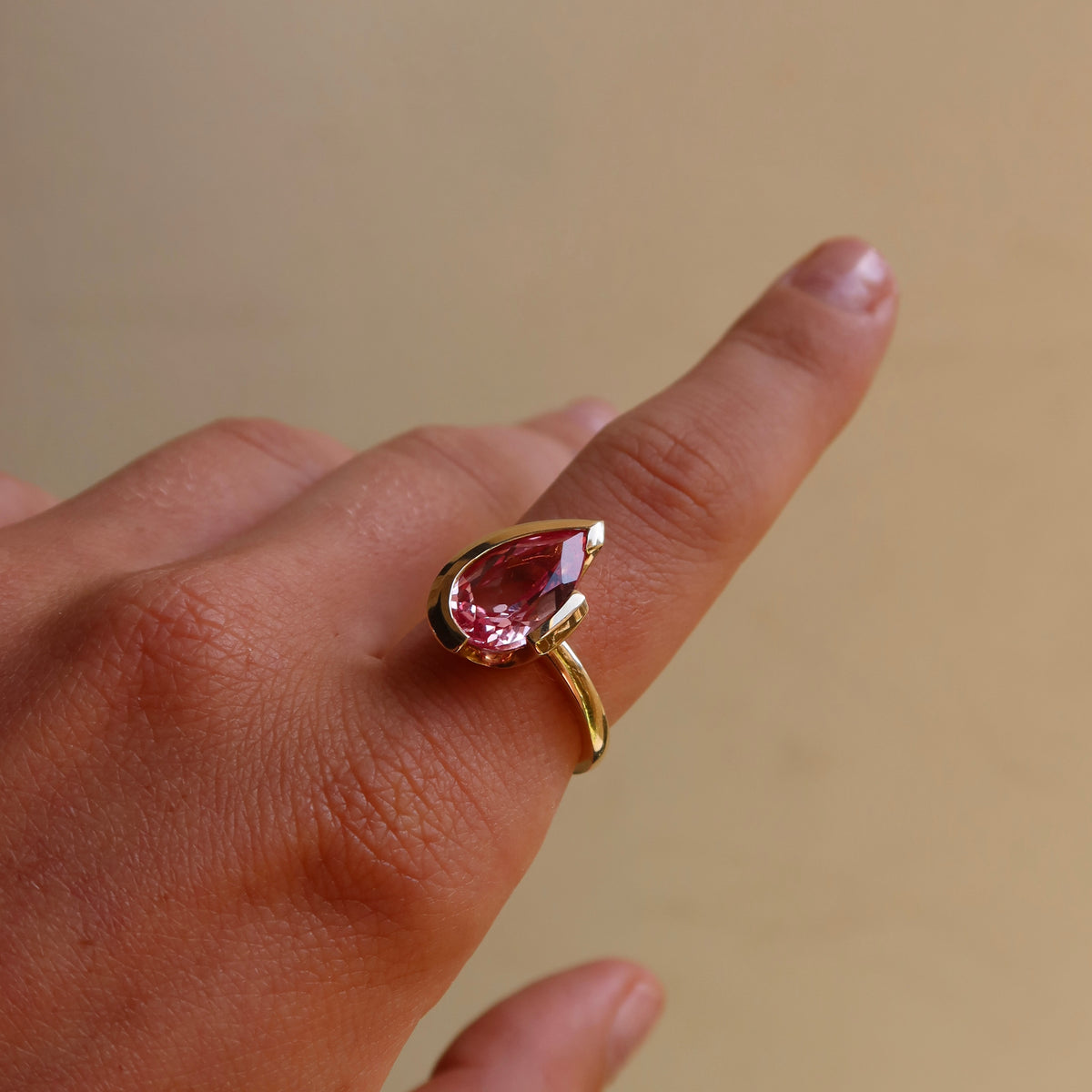 SAMPLE | 9ct Yellow Gold FLOAT™️ - Pear Cut Ring - Rosie Corundum
