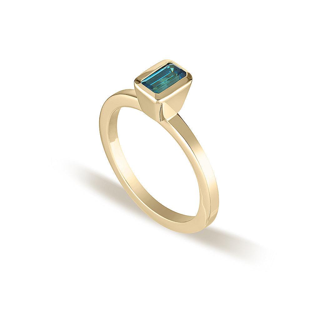 SAMPLE Size M | Yellow Gold Celebration Stacker Ring - Small Emerald Cut Rectangle - Blue Zircon