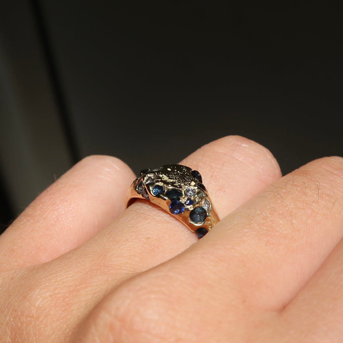Sapphire & Diamond Sandcast Signet Ring | Size O