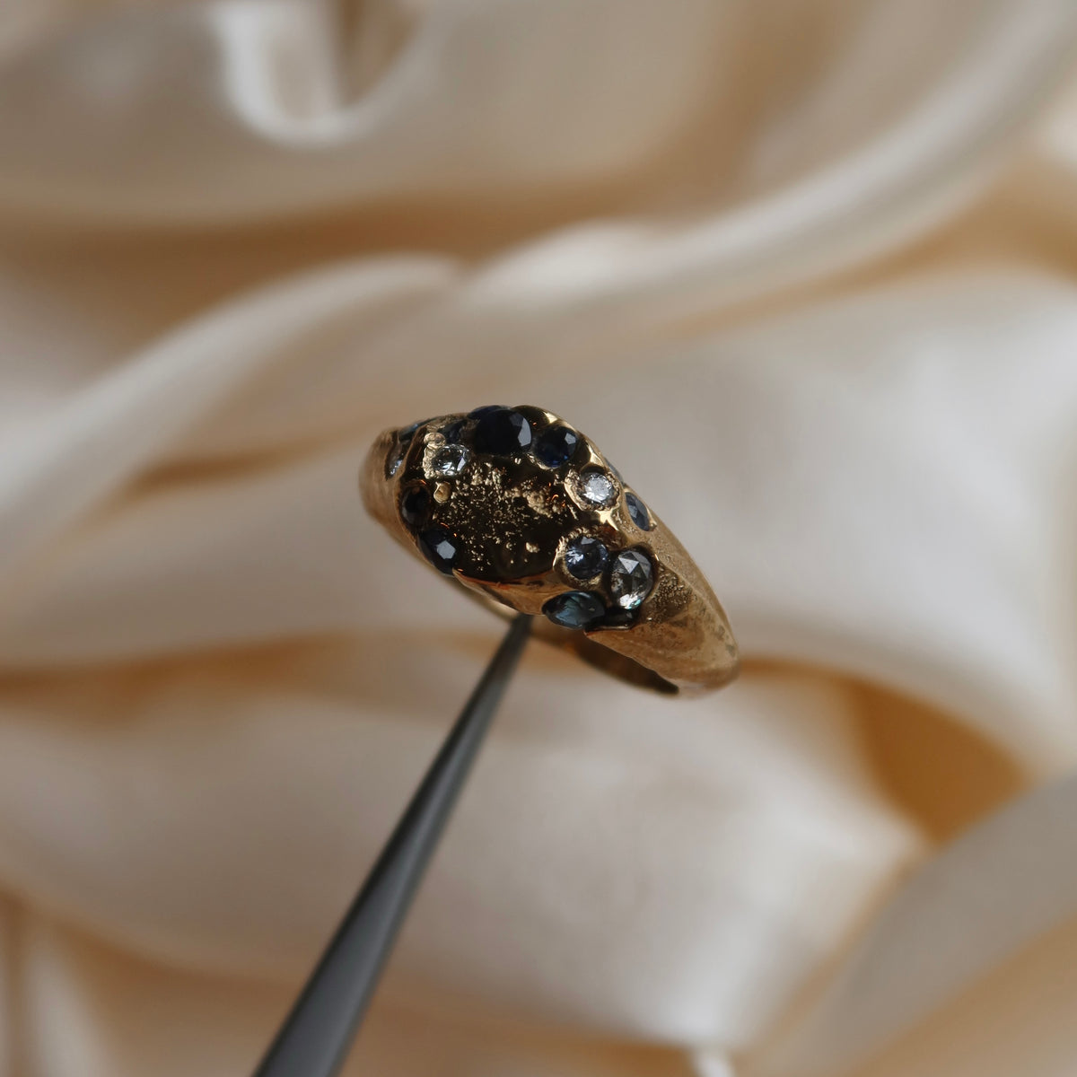 Sapphire & Diamond Sandcast Signet Ring | Size O