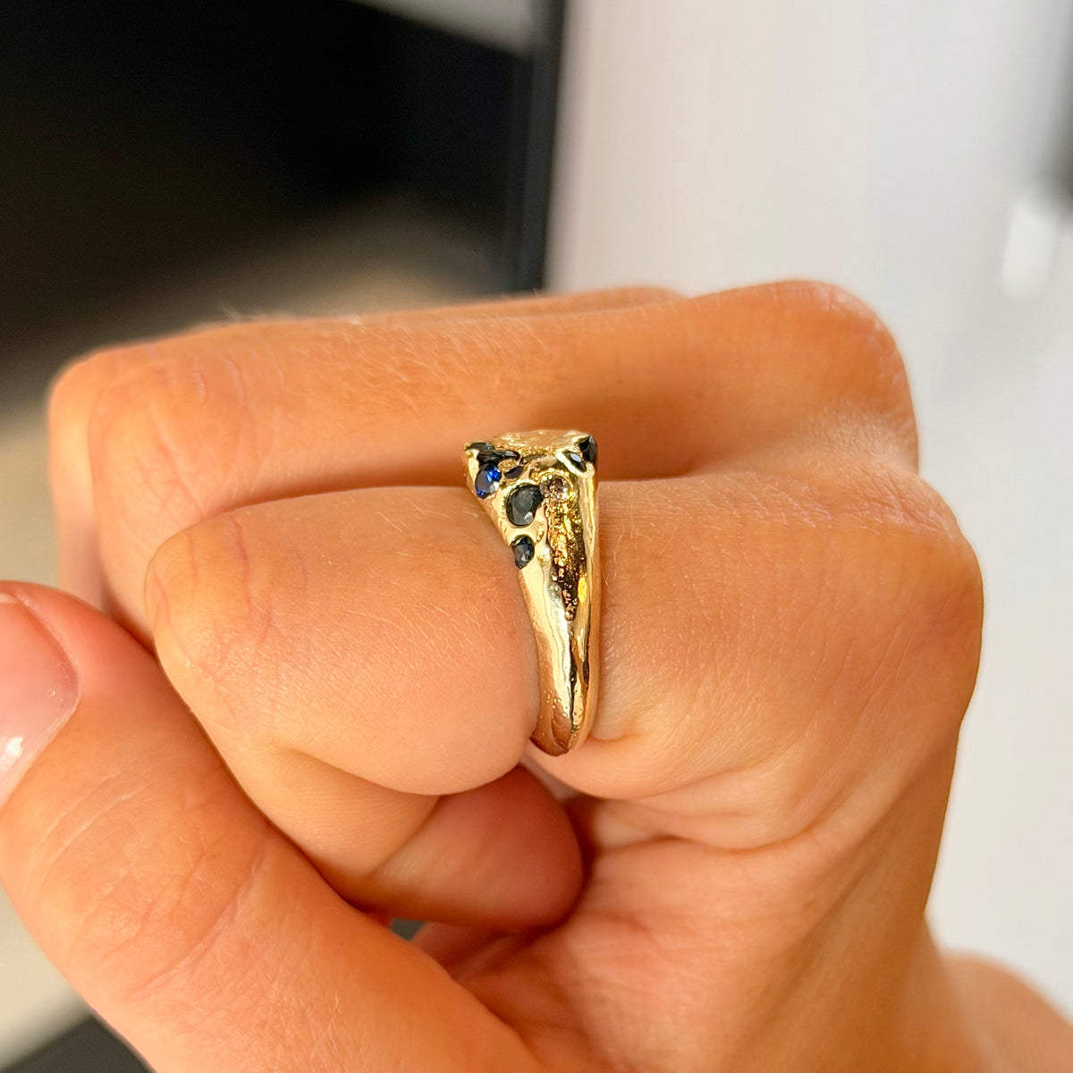 Sapphire & Diamond Sandcast Signet Ring | Size O