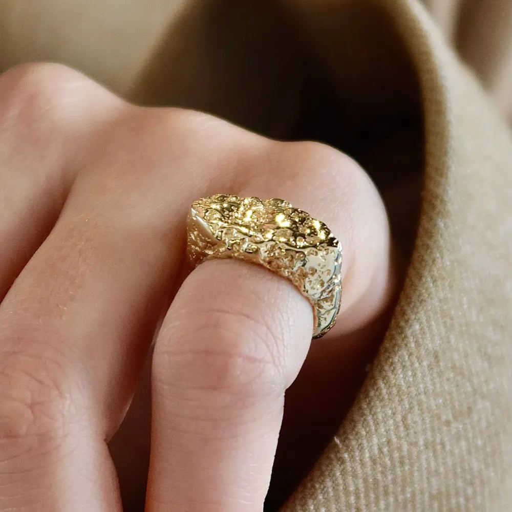 The Flame Solid Yellow Gold Sandcast Ring | Elemental Collection | Made To Order