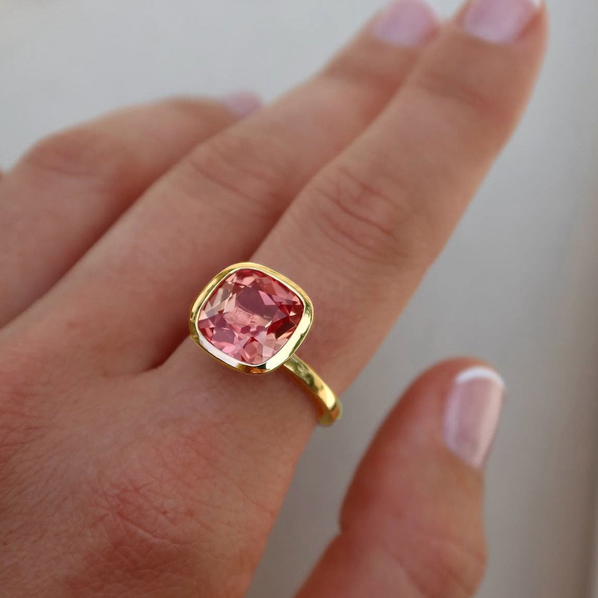 Yellow Gold Celebration Stacker - Large Cushion Cut - Sunset Corundum