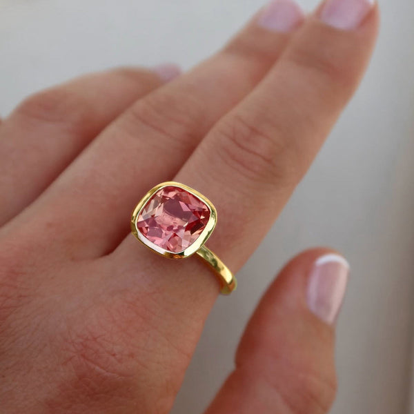 Yellow Gold Celebration Stacker - Large Cushion Cut - Sunset Corundum