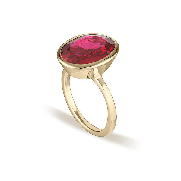 Yellow Gold Celebration Stacker Ring - Large Oval - Red Corundum