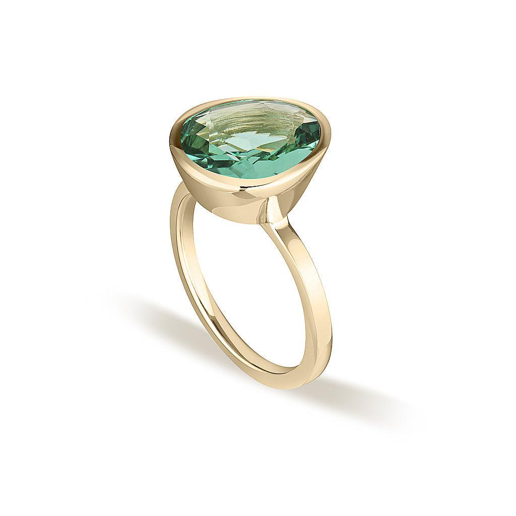 Yellow Gold Celebration Stacker Ring - Large Tri-Cut - Green Amethyst