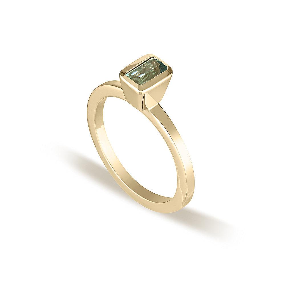 Yellow Gold Celebration Stacker Ring - Small Emerald Cut Rectangle - Green Amethyst